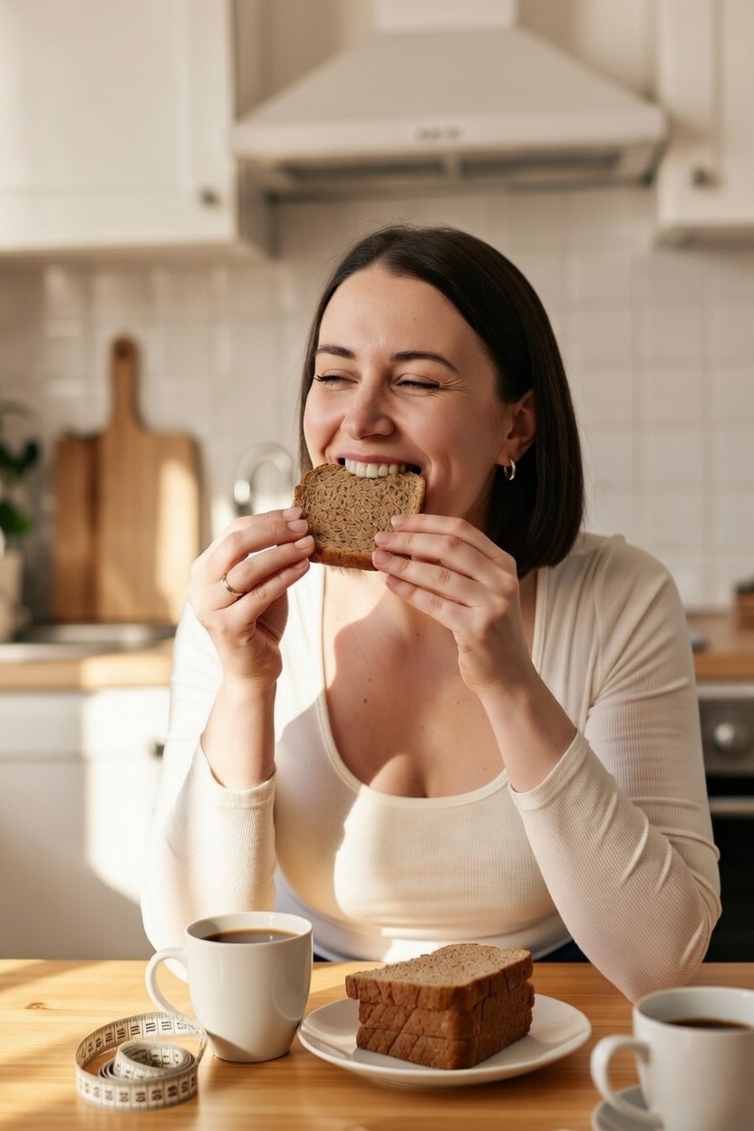 Mujer disfrutando panadería saludable sin culpa